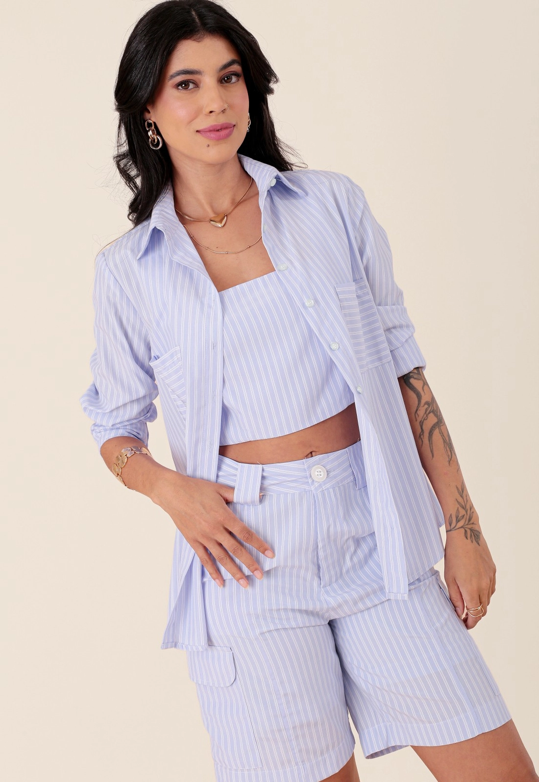 Camisa Em Tricoline Listrada Manga Longa Bolso