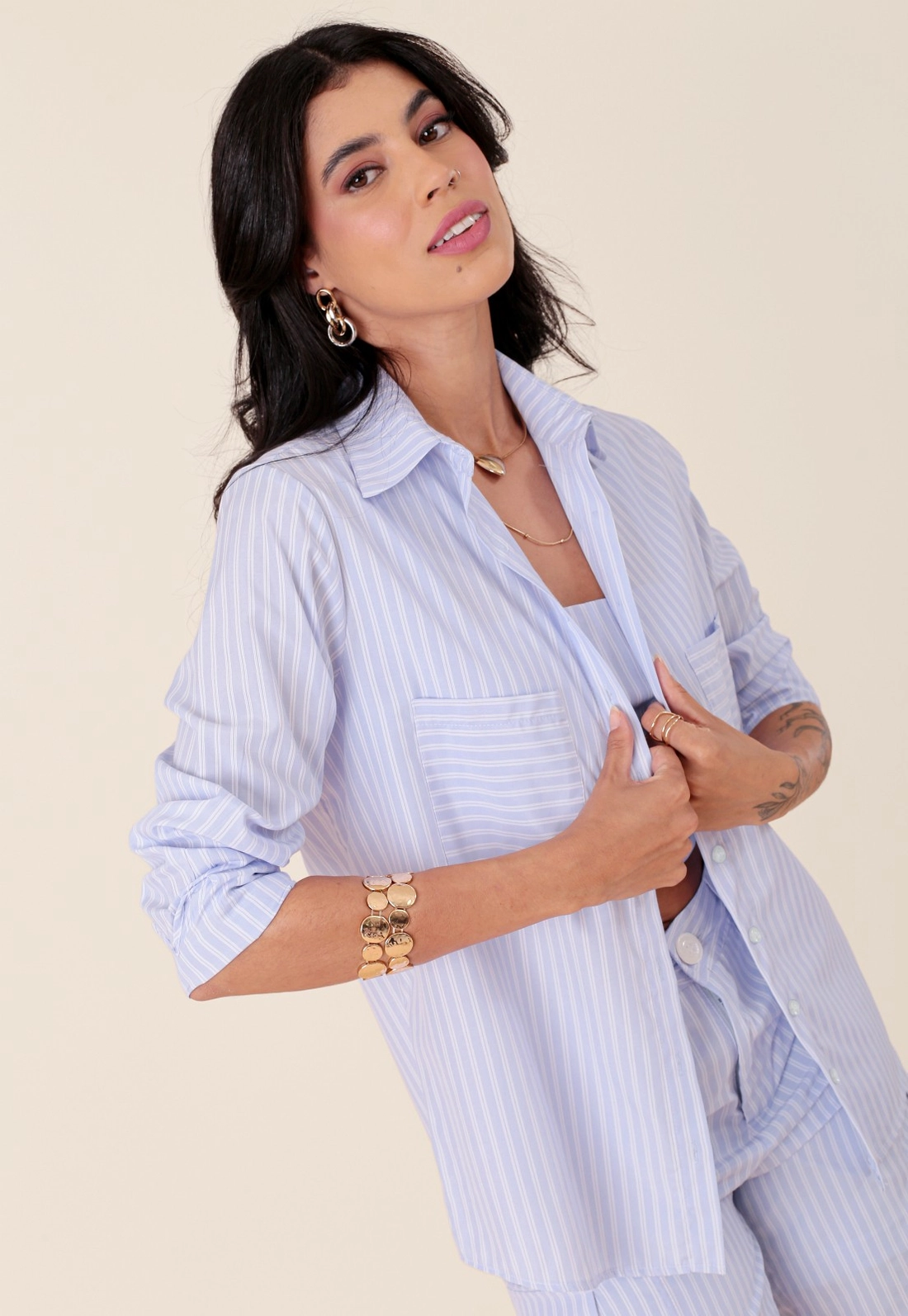 Camisa Em Tricoline Listrada Manga Longa Bolso