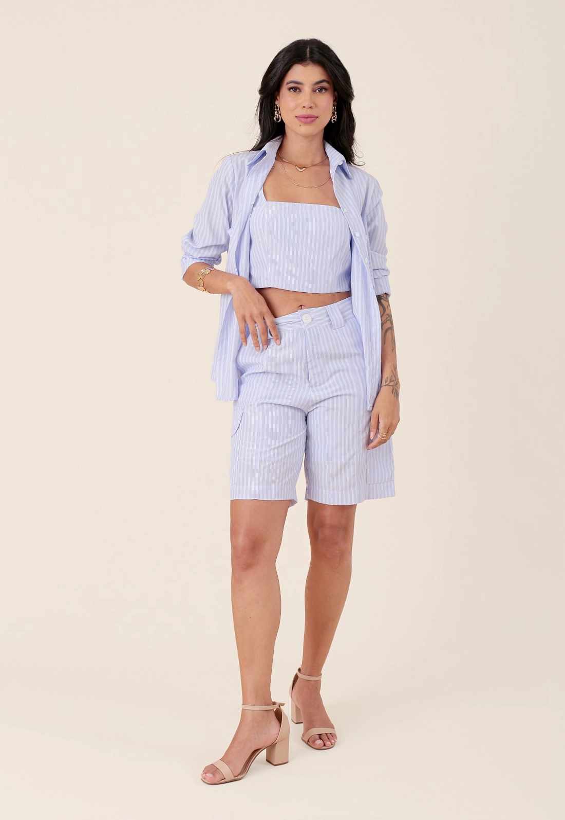 Camisa Em Tricoline Listrada Manga Longa Bolso