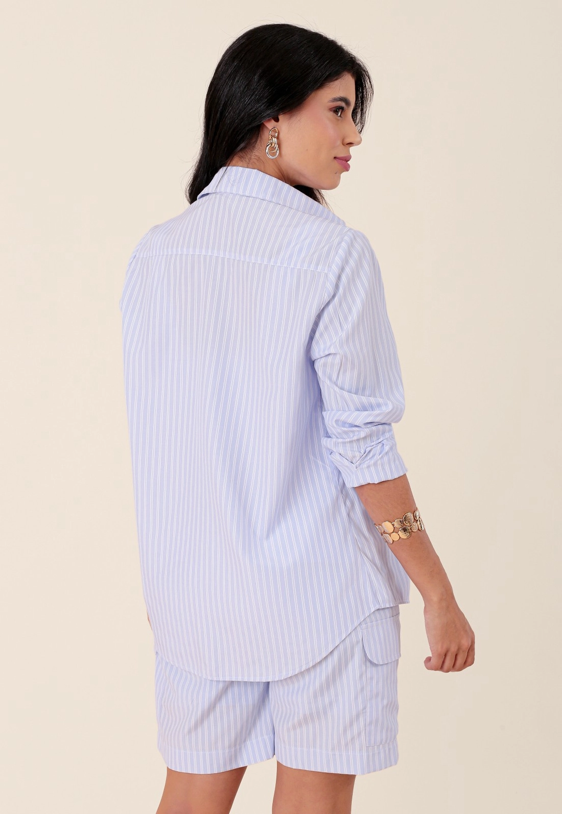 Camisa Em Tricoline Listrada Manga Longa Bolso
