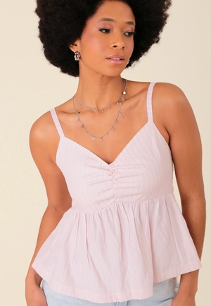 Blusa Em Tricoline Listrado Com Alça E Lastex