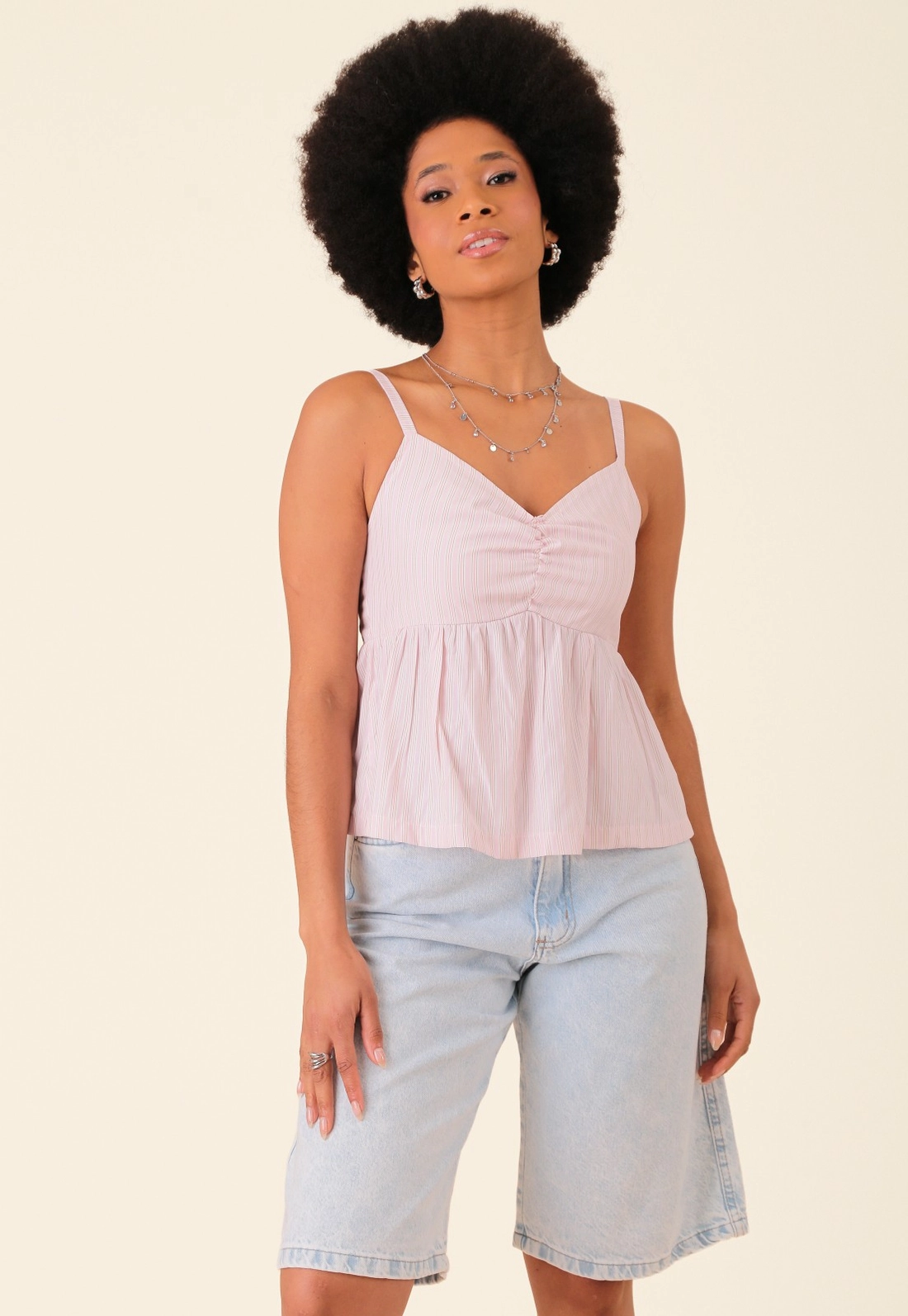 Blusa Em Tricoline Listrado Com Alça E Lastex