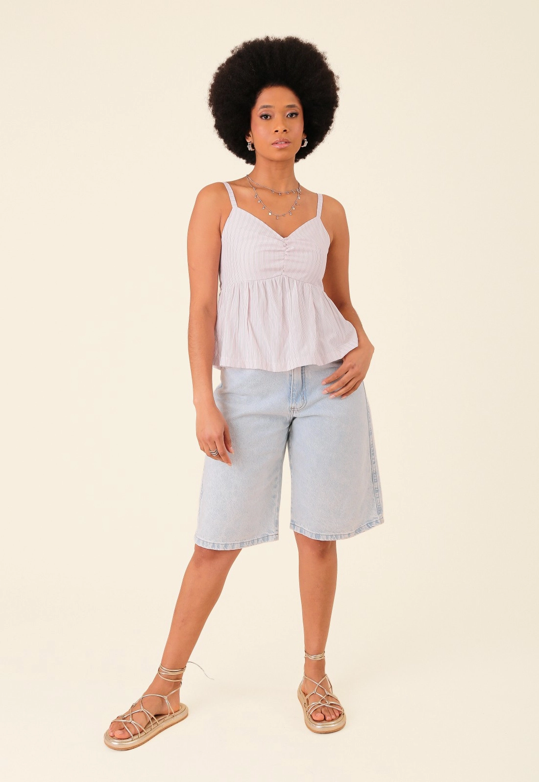 Blusa Em Tricoline Listrado Com Alça E Lastex