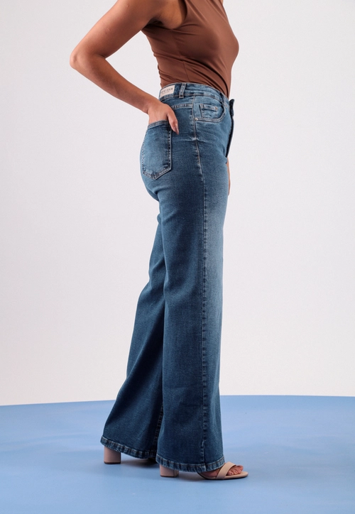 Calça Wide Leg Jeans Azul Médio