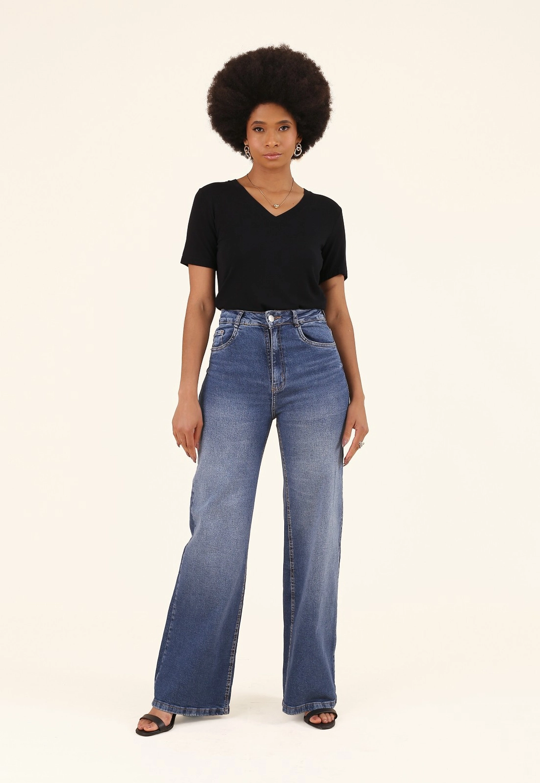 Calça Wide Leg Jeans Azul Médio