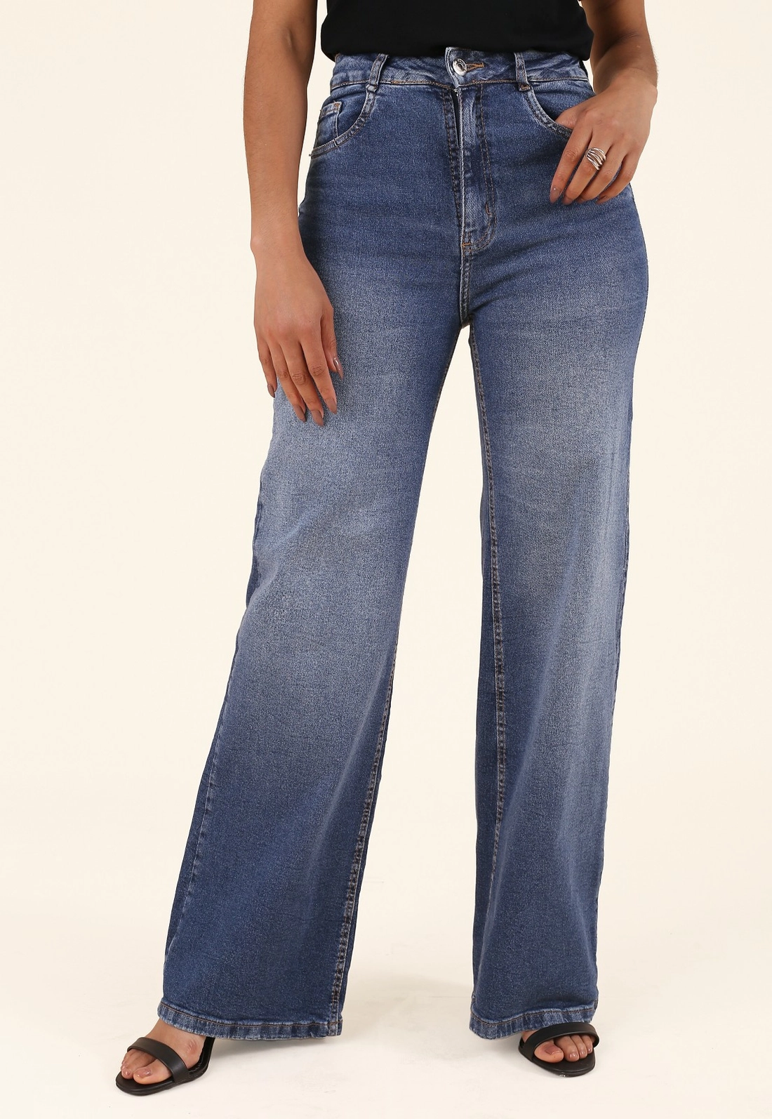 Calça Wide Leg Jeans Azul Médio