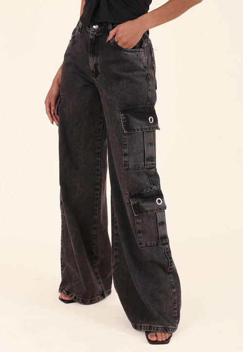 Calça Jeans Wide Leg Bolso Cargo