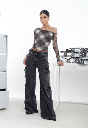 Calça Jeans Wide Leg Bolso Cargo