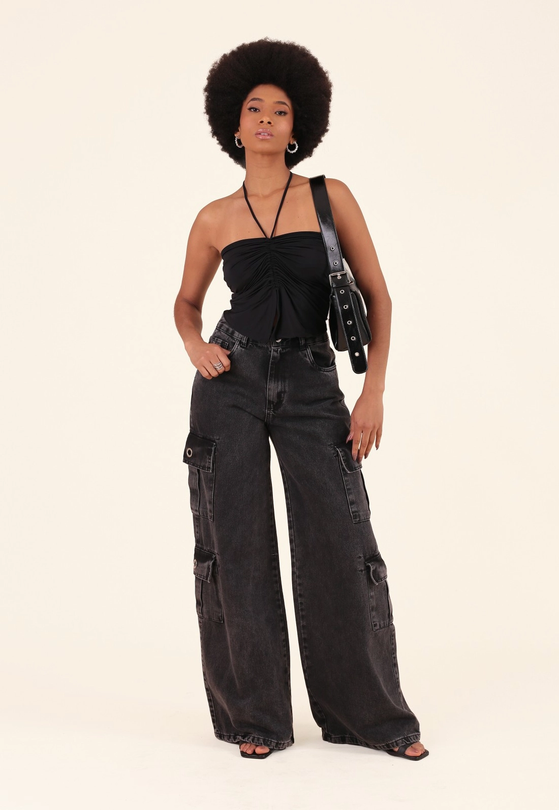Calça Jeans Wide Leg Bolso Cargo