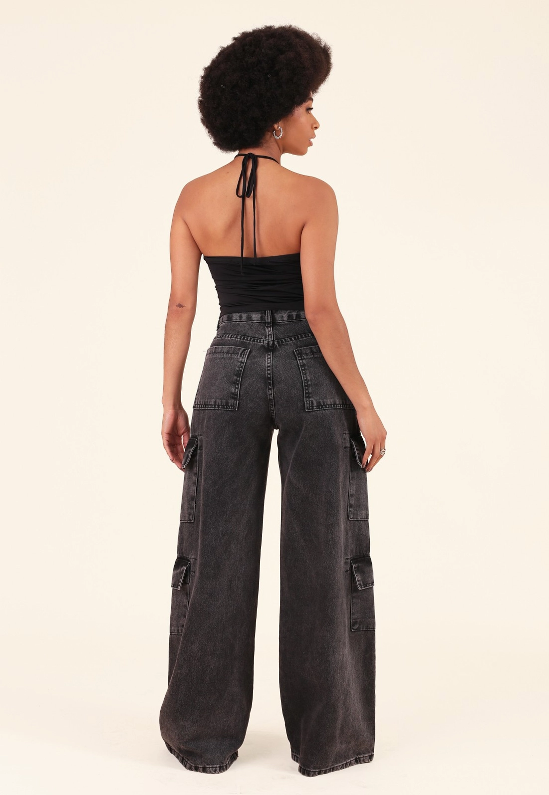 Calça Jeans Wide Leg Bolso Cargo