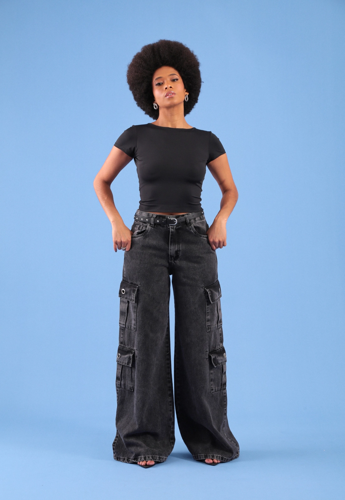Calça Jeans Wide Leg Bolso Cargo