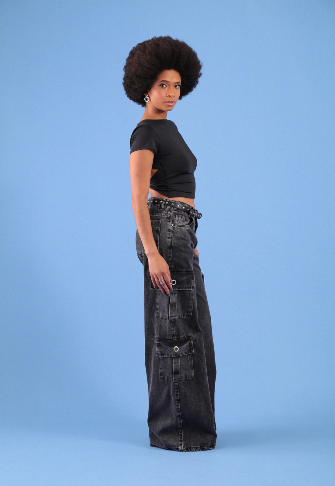 Calça Jeans Wide Leg Bolso Cargo