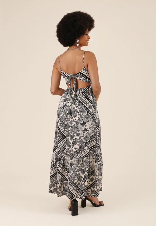Vestido Midi Em Viscose Estampado Animal Patchwork