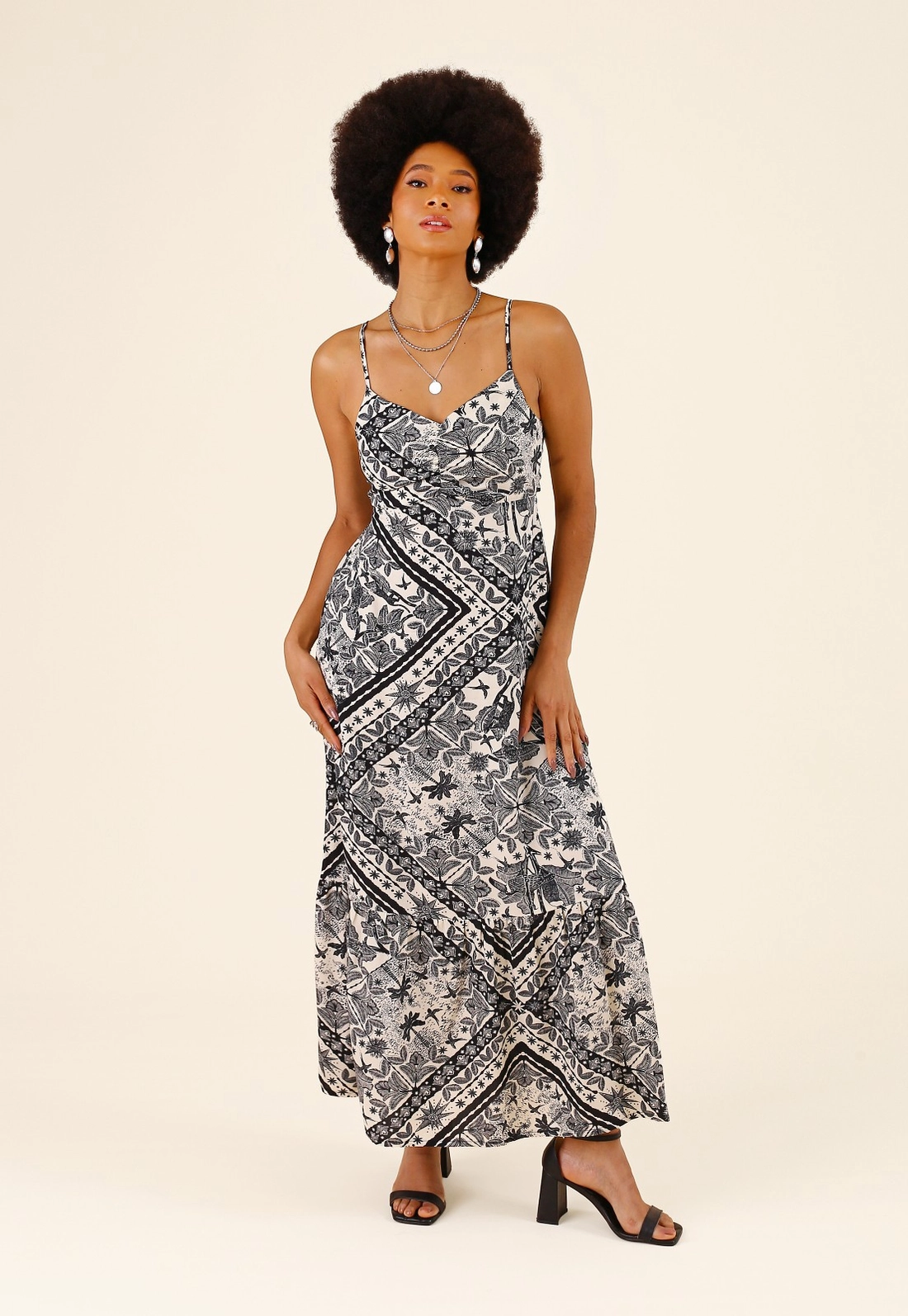 Vestido Midi Em Viscose Estampado Animal Patchwork