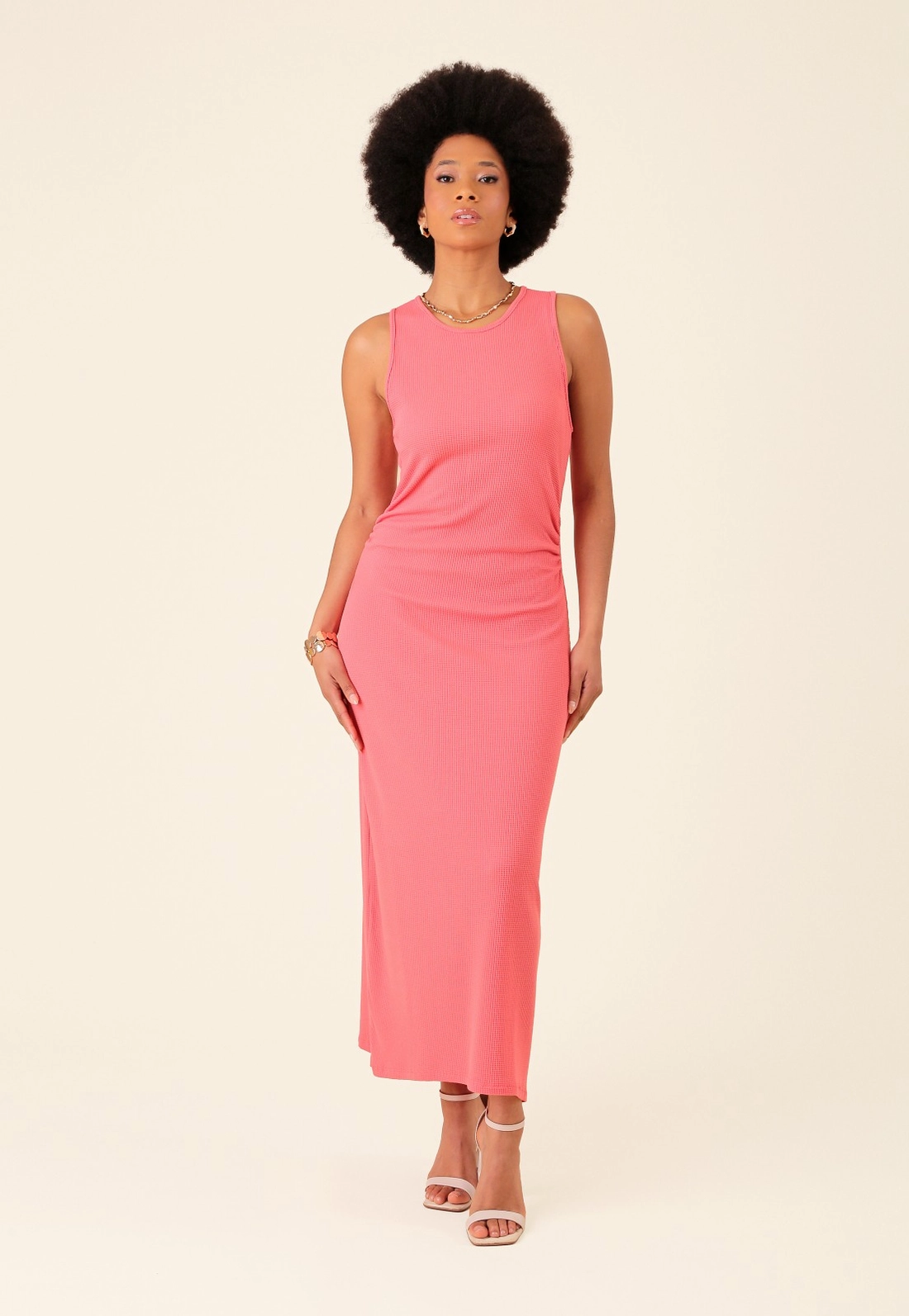 Vestido Midi Malha Waffle Sem Manga