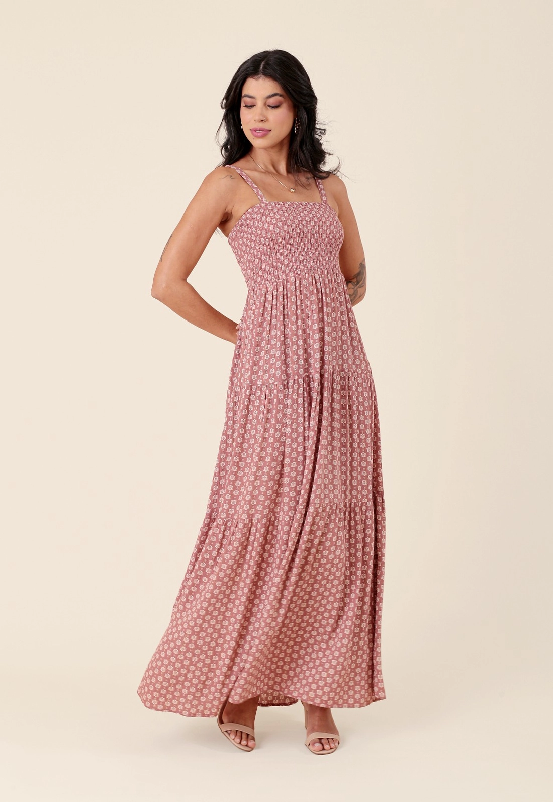 Vestido New Midi Em Viscose Com Lurex Boho Flower Com Alça