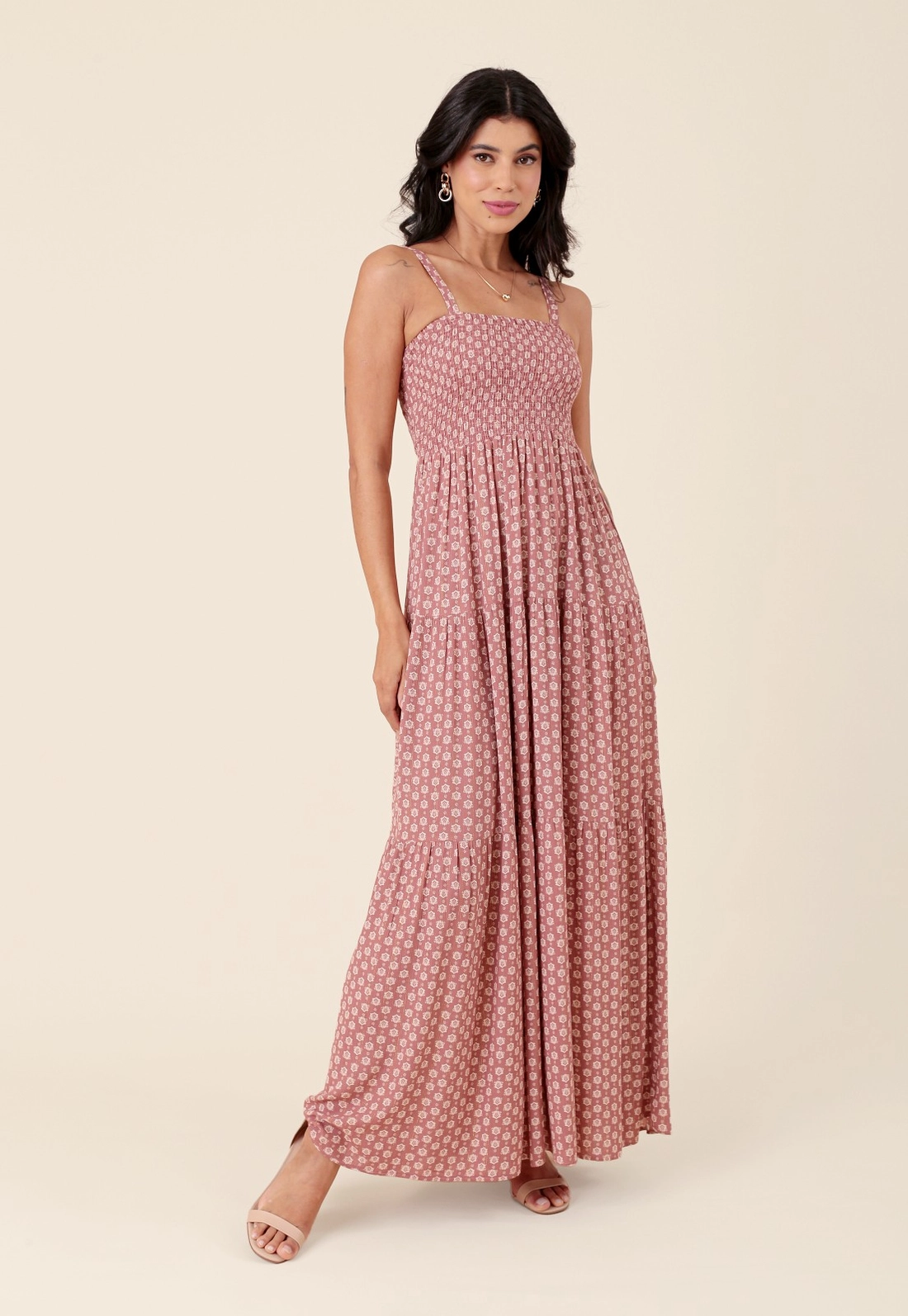 Vestido New Midi Em Viscose Com Lurex Boho Flower Com Alça