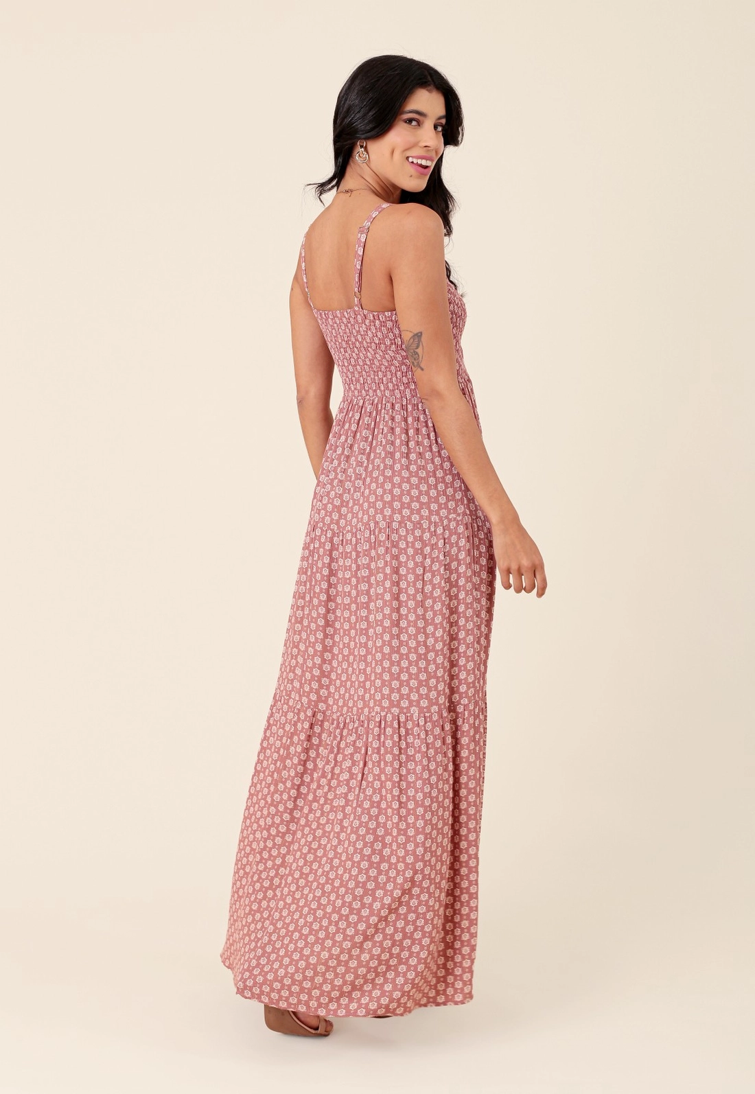 Vestido New Midi Em Viscose Com Lurex Boho Flower Com Alça