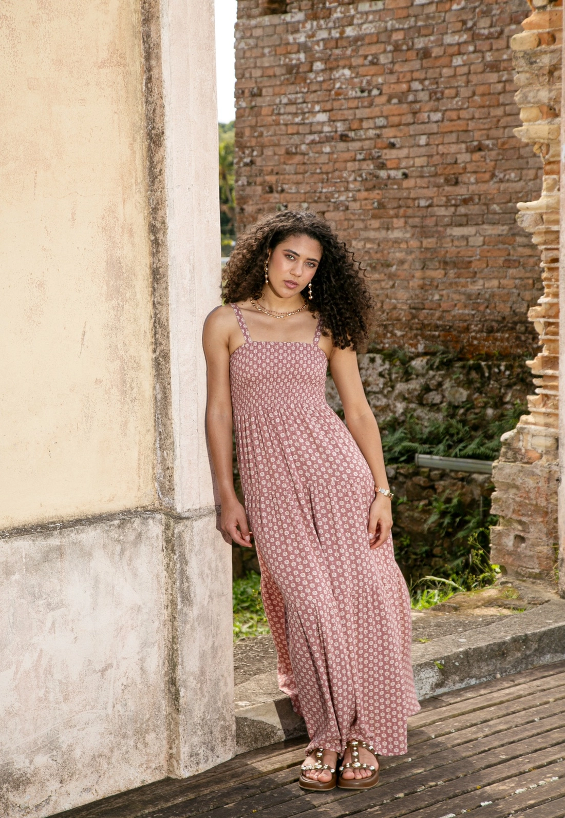 Vestido New Midi Em Viscose Com Lurex Boho Flower Com Alça