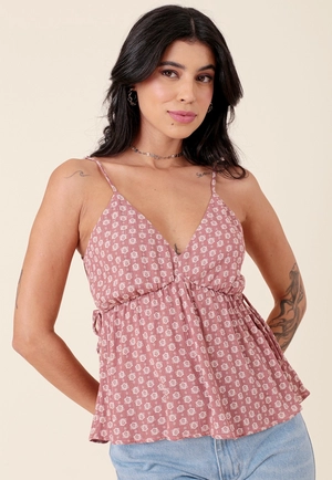 Blusa Em Viscose Boho Flower Com Lurex De Alça Com Decote V