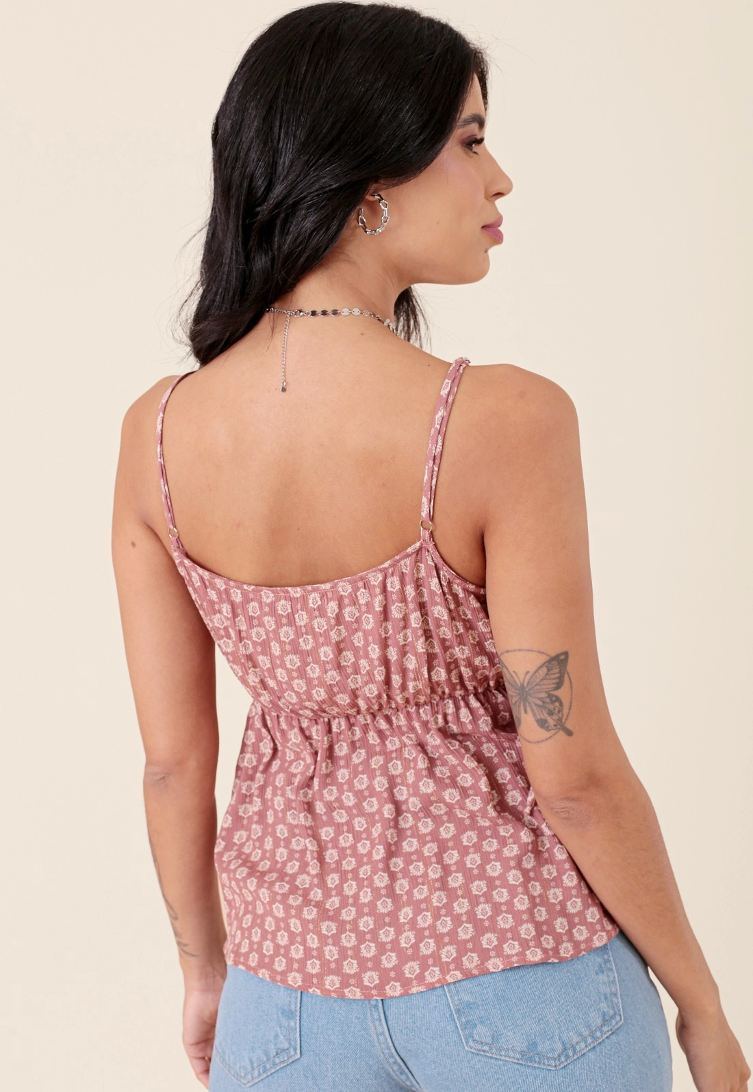 Blusa Em Viscose Boho Flower Com Lurex De Alça Com Decote V