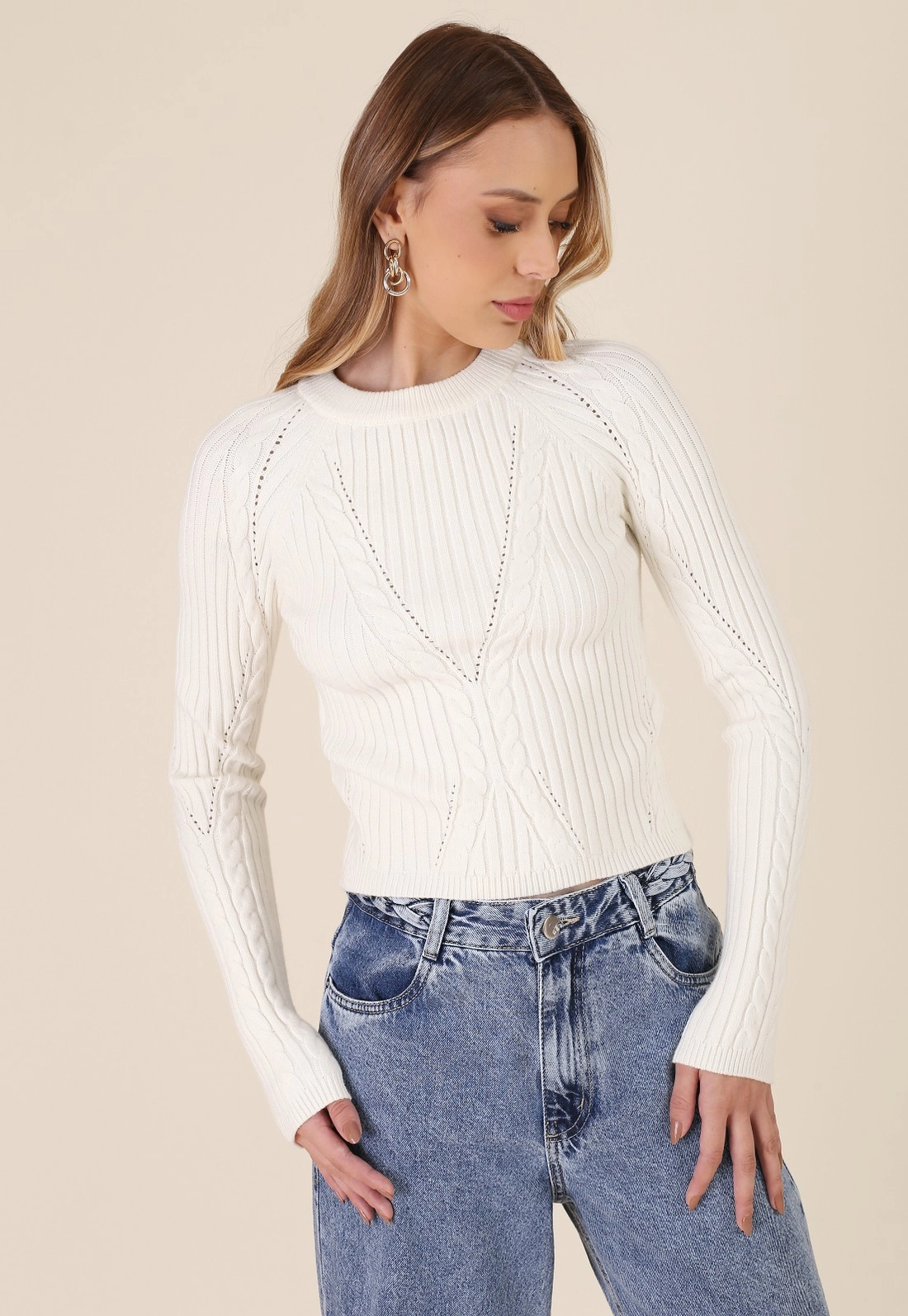 Blusa Tricô Manga Longa Com Tranças