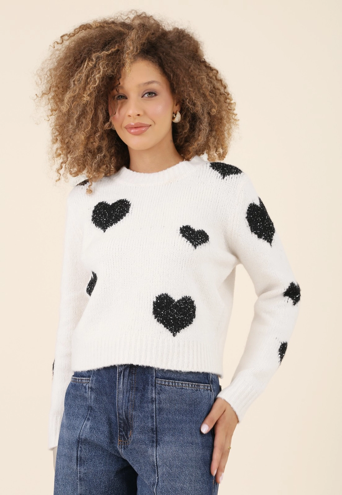 Blusa Tricô Manga Longa Corações Com Lurex