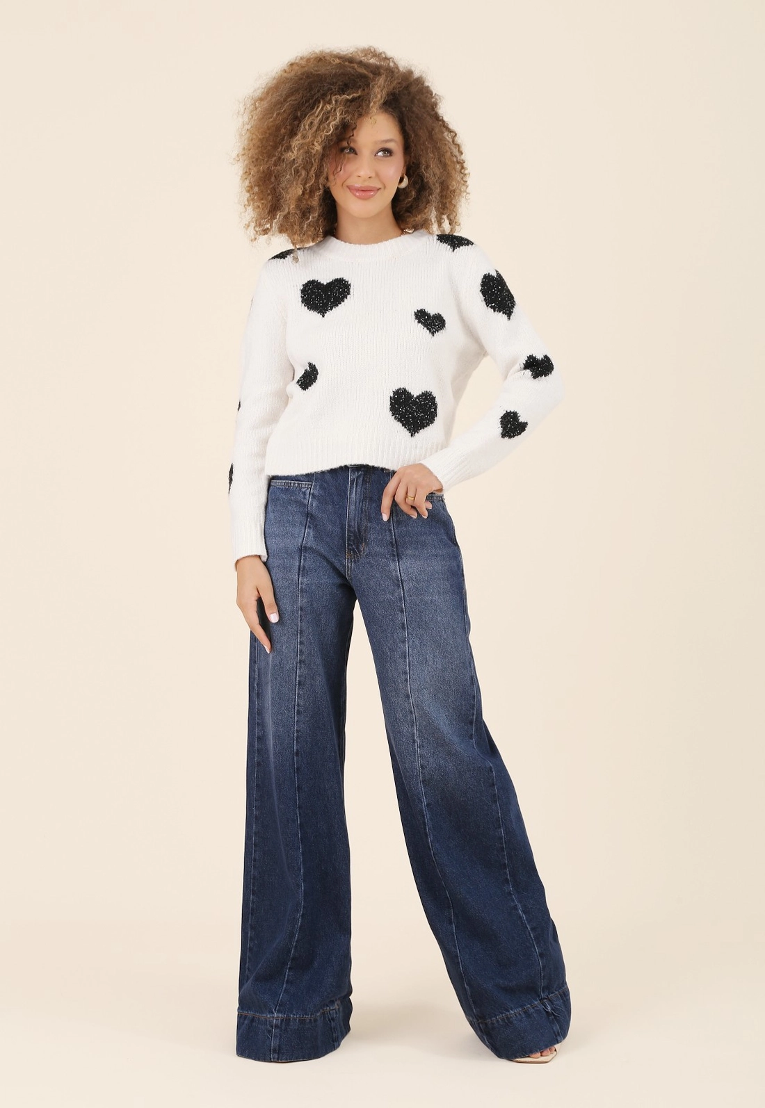 Blusa Tricô Manga Longa Corações Com Lurex