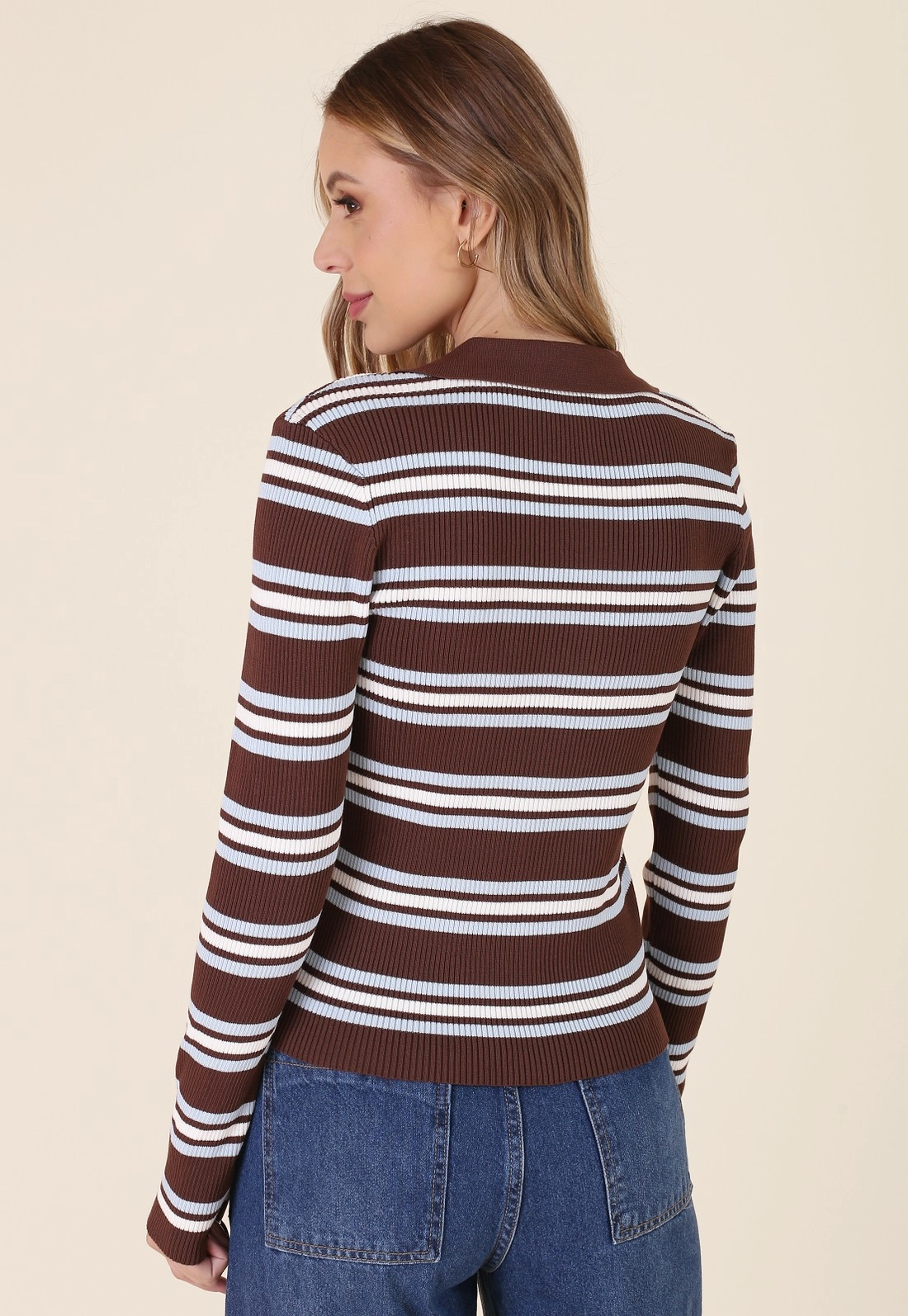 Blusa Tricô Manga Longa Gola Polo Listrada
