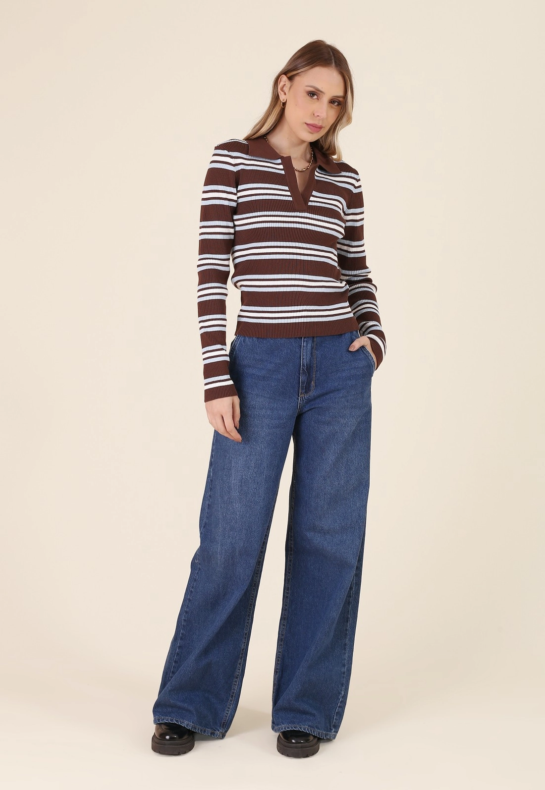 Blusa Tricô Manga Longa Gola Polo Listrada