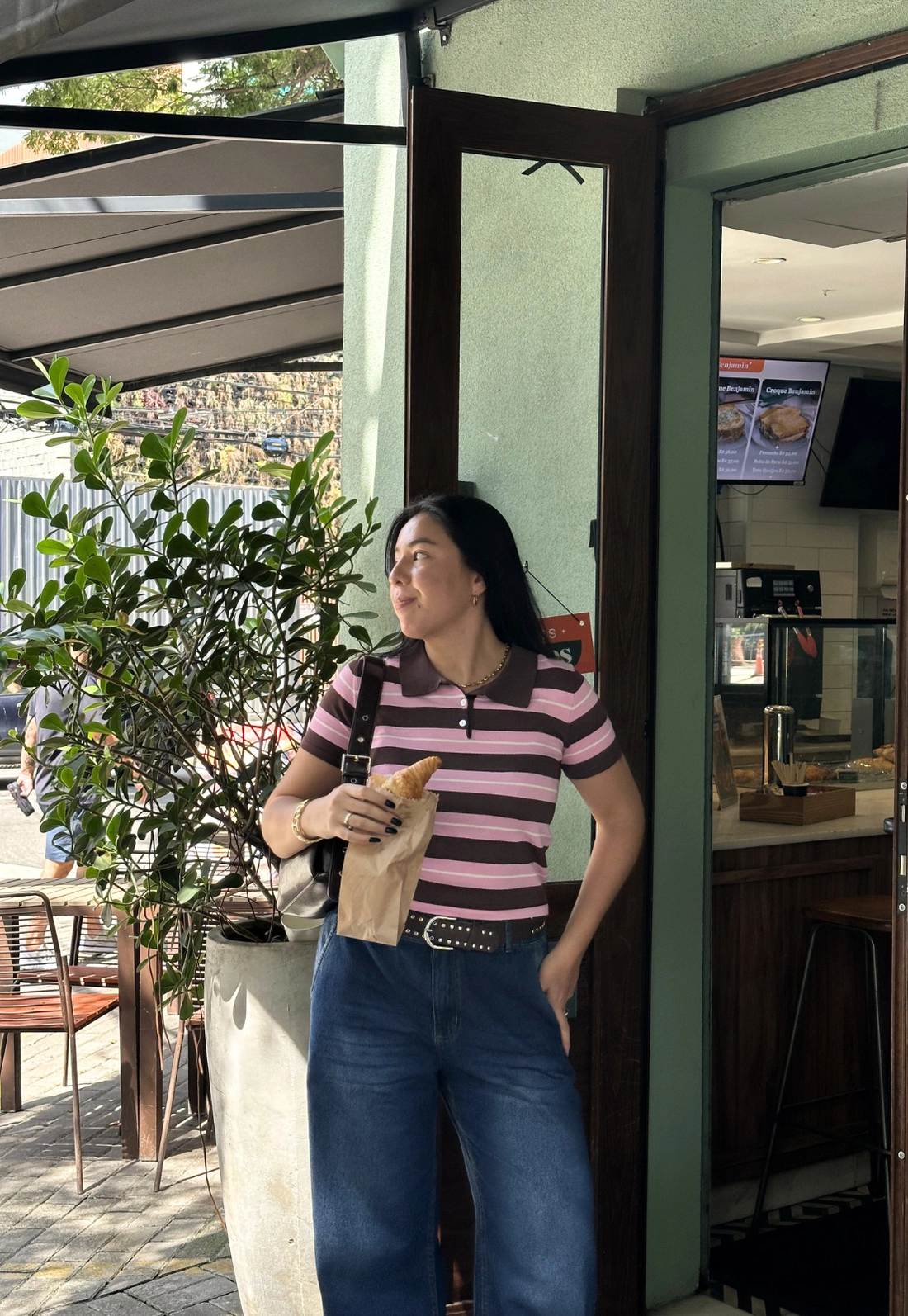 Blusa Tricô Manga Curta Gola Polo Listrada