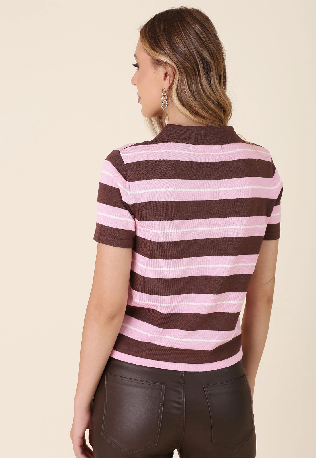 Blusa Tricô Manga Curta Gola Polo Listrada
