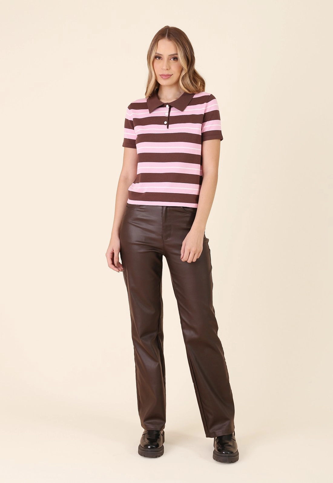 Blusa Tricô Manga Curta Gola Polo Listrada