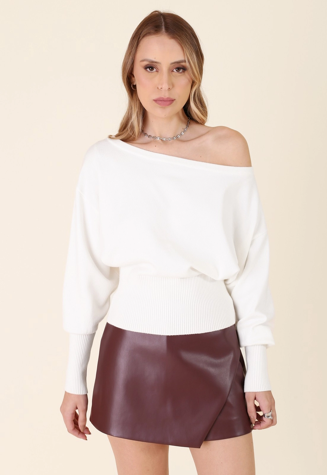 Blusa Tricô Oversized Manga Longa Ombro A Ombro