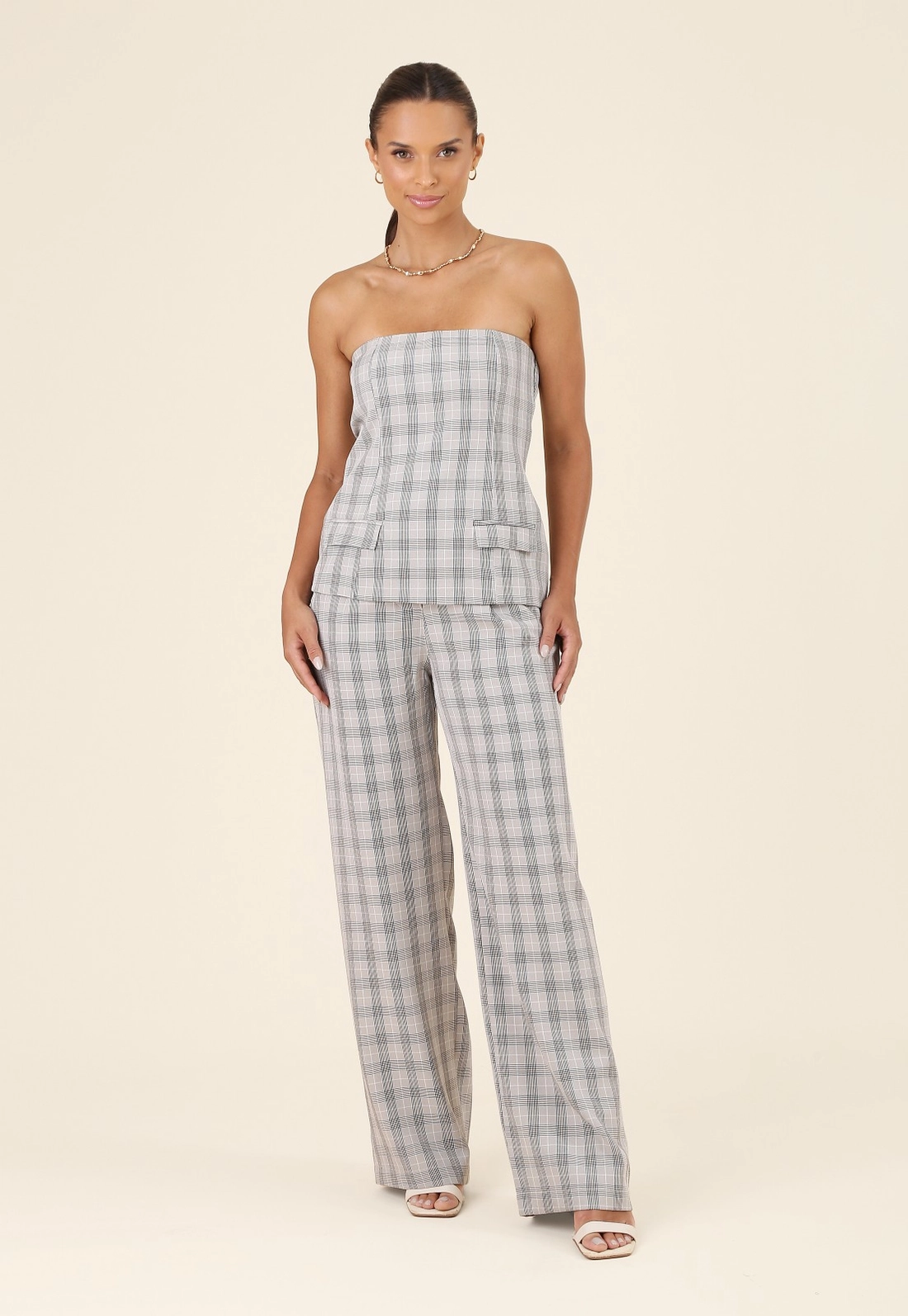 Calça Wide Leg Em Alfaiataria Xadrez