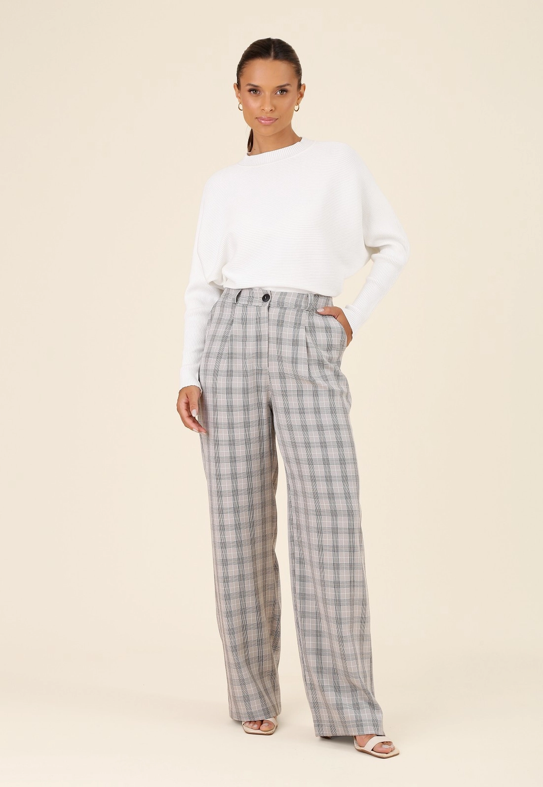 Calça Wide Leg Em Alfaiataria Xadrez