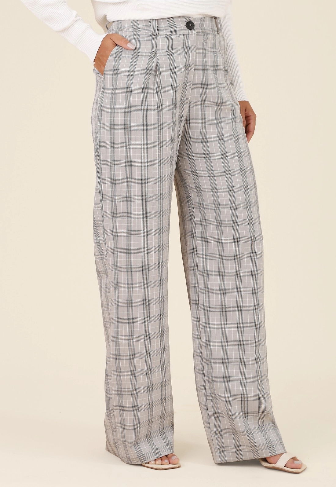 Calça Wide Leg Em Alfaiataria Xadrez