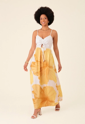 Vestido Midi Em Viscose Maxi Floral Com Alça Puxador