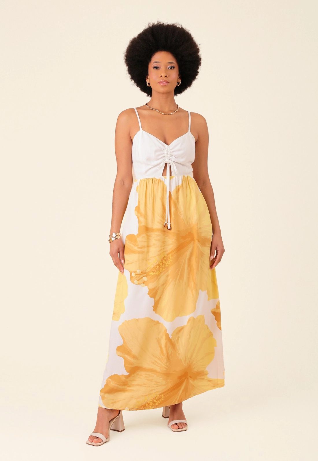 Vestido Midi Em Viscose Maxi Floral Com Alça Puxador