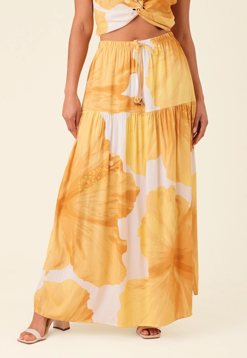 Saia Midi Em Viscose Maxi Floral Com Recortes