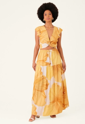 Saia Midi Em Viscose Maxi Floral Com Recortes