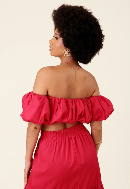 Cropped Balonê Em Tricoline Decote Reto