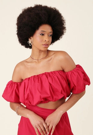 Cropped Balonê Em Tricoline Decote Reto