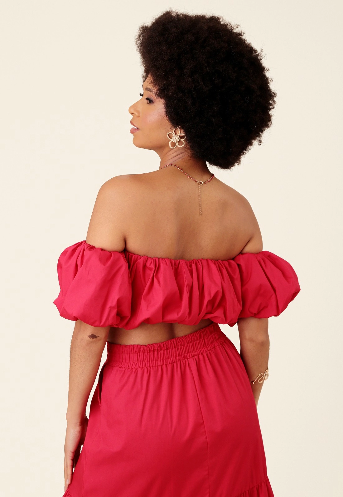 Cropped Balonê Em Tricoline Decote Reto