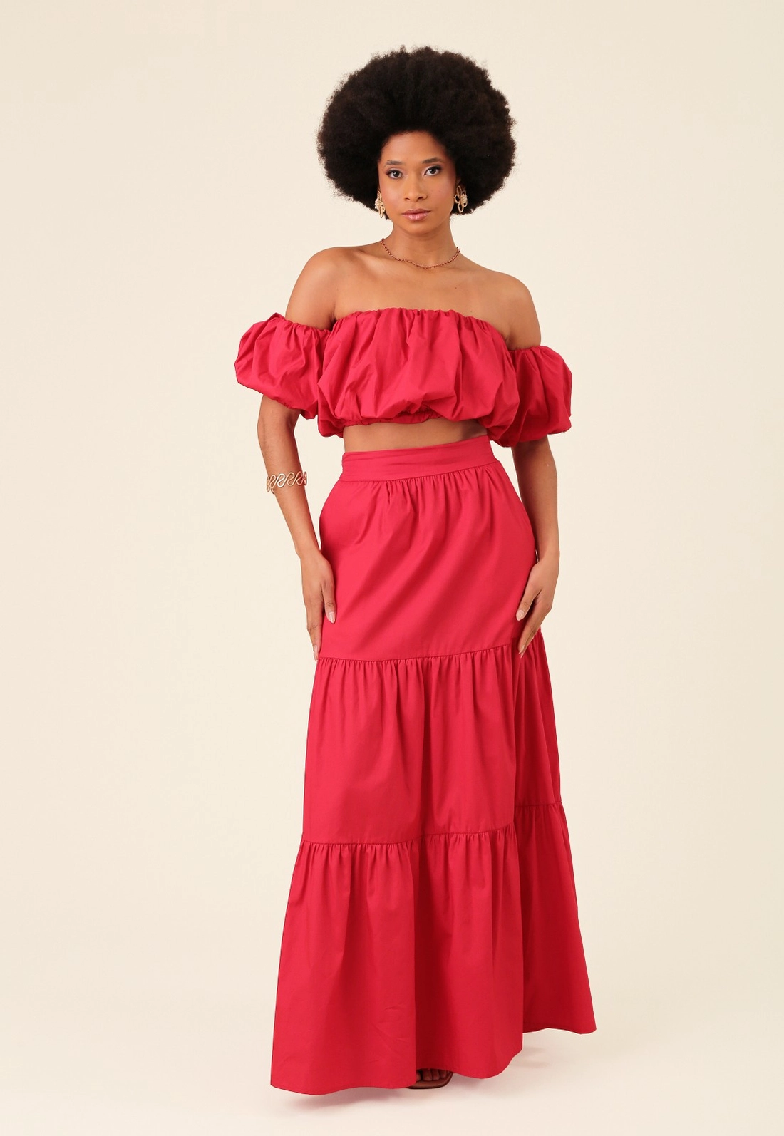 Cropped Balonê Em Tricoline Decote Reto