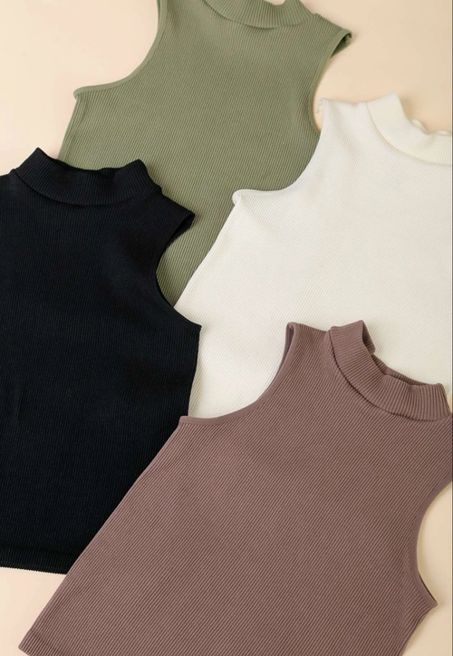 Blusa Regata Em Poliamida Canelada Com Gola Alta Sem Manga