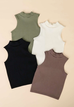 Blusa Regata Em Poliamida Canelada Com Gola Alta Sem Manga