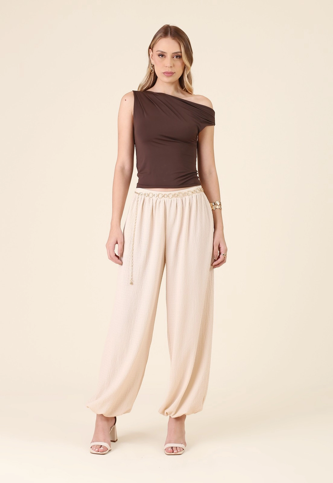 Blusa Em Poliamida Ombro Deslocado Com Franzido