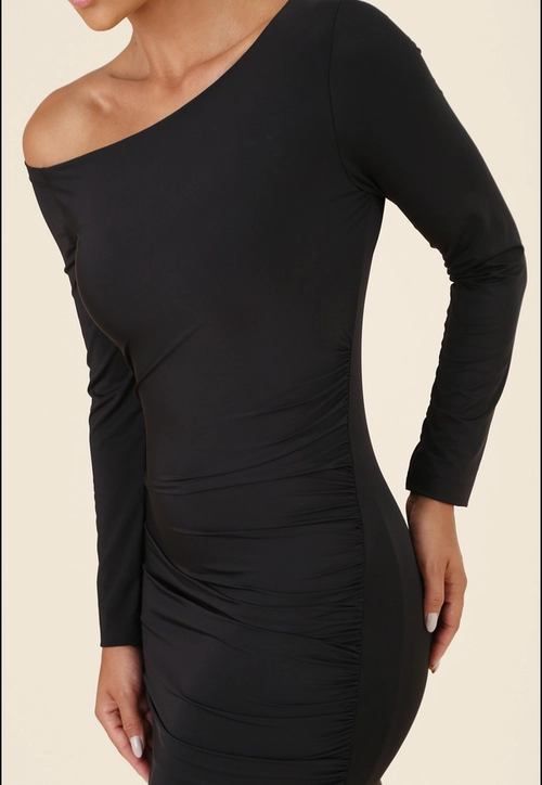 Vestido Midi Em Poliamida Decote Assimétrico Manga Longa