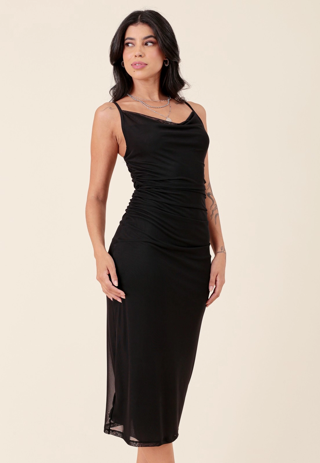 Vestido Midi Em Tule Com Drapeado Lateral